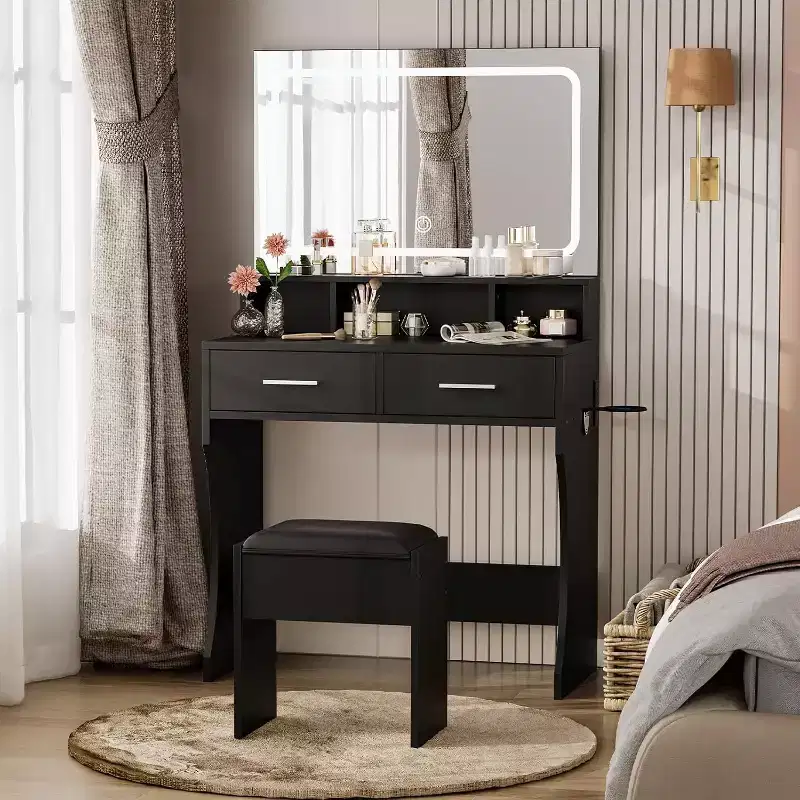 31.5in Wide Vanity Desk with Mirror Charging Station & Stool, Compact Wood Make Up Dressing Table Set for Girls Bedroom, Dorm Apartments