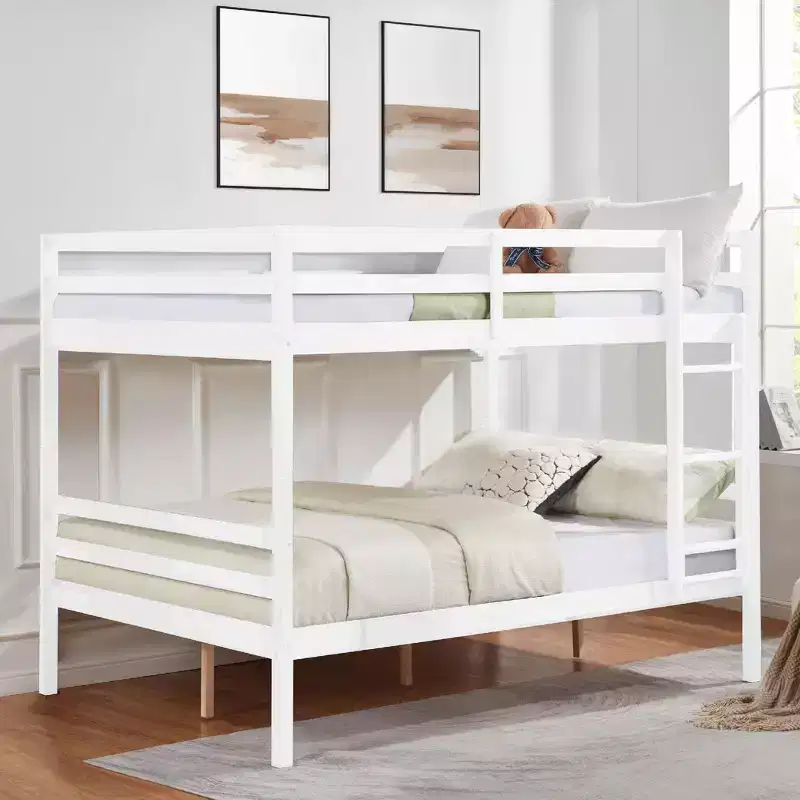 Full over Full Bunk Bed with Ladder  Wooden Frame with High Guardrails for Kids  No Box Spring Needed  Sturdy and Space-Saving  White