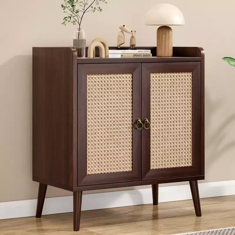 JVNOXK Sideboard Buffet Cabinet with Storage, Bar Liquor Cabinet with Rattan Decorated Doors,Hallway,Walnut