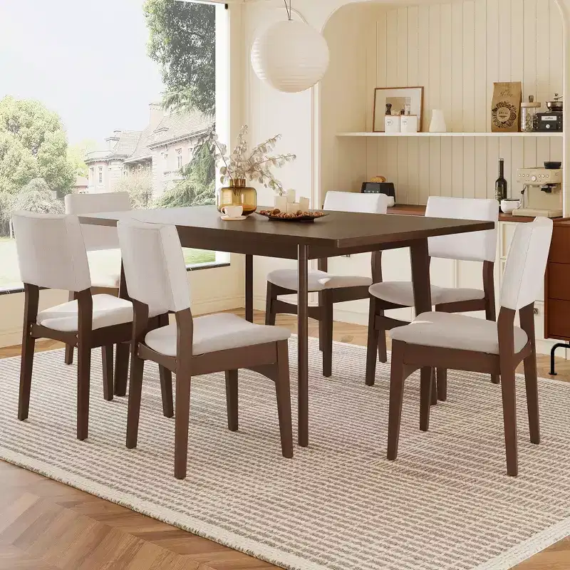 GDFStudio Dalton 7-Piece Modern Dining Set - Rectangular Solid Wood Table & Upholstered Linen Chairs