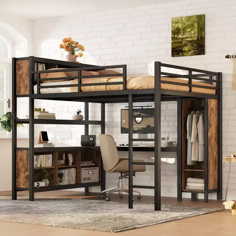 Metal Loft Bed with Wardrobe And L-shaped Desk Queen Size Loft Bed with Storage Cubes and Shelves Heavy Duty Loft Bed for Kids Teens Adults White