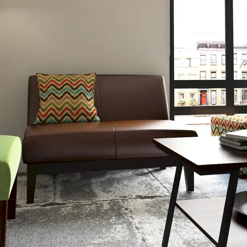 Contemporary Brown Bonded Leather Loveseat with Tapered Wood Legs