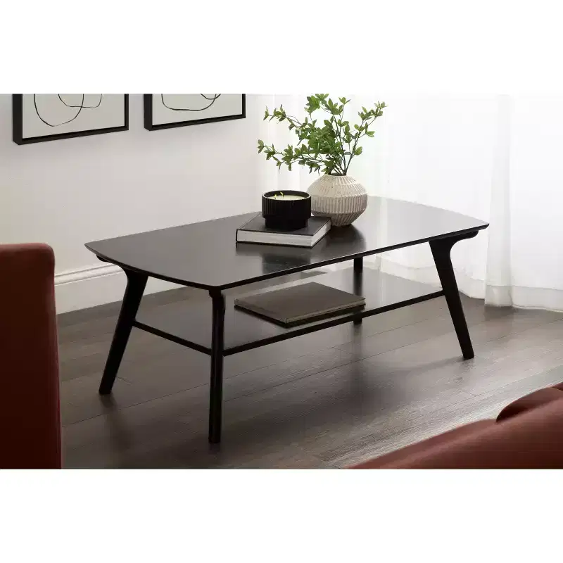 48x24x18 Black Two-Tier Wood Coffee Table with Storage Shelf