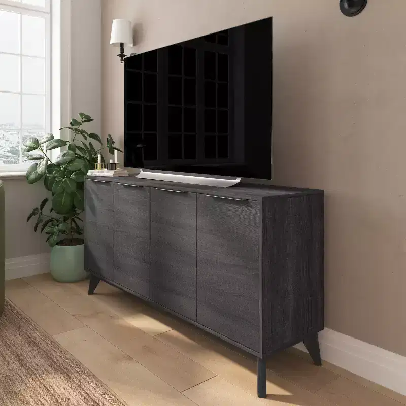 Mid-Century Modern Four Door Buffet, TV Stand with Shelving
