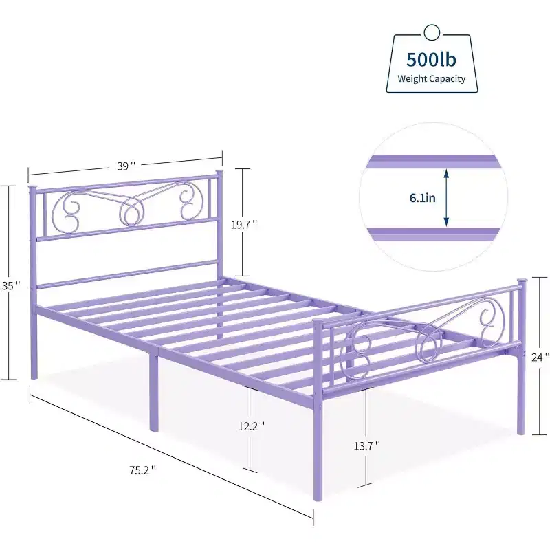 Twin Metal Bed Frame with Headboard, Footboard, 12.2-Inch Storage Drawer and Steel Slats, Purple