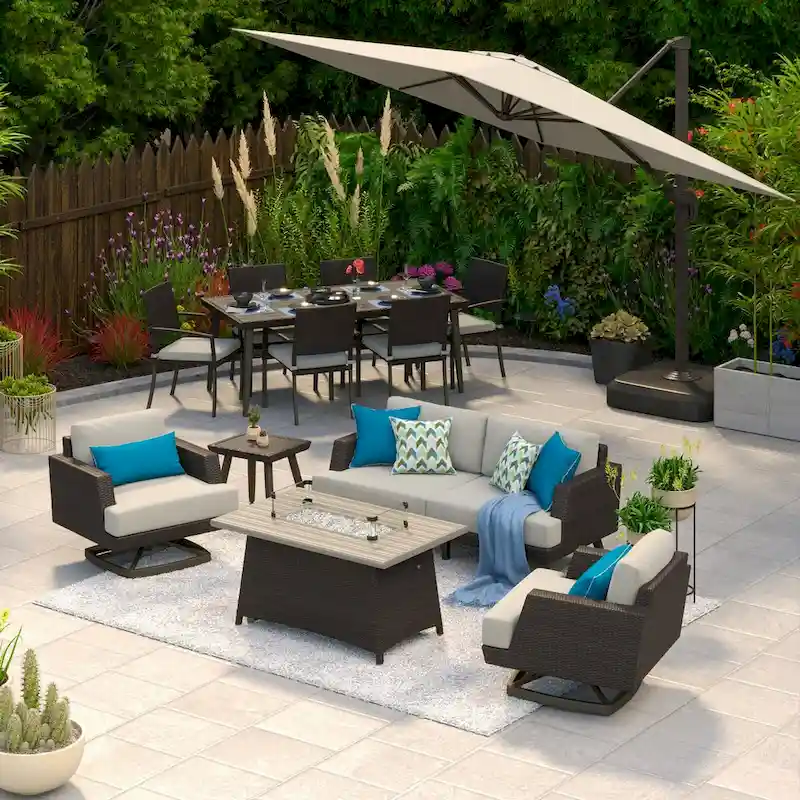 Portofino Casual 13 Piece Sunbrella Outdoor Patio Motion Fire Estate Set