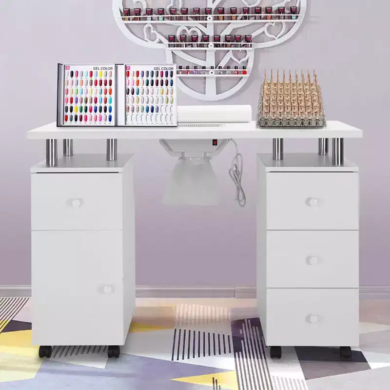 42.5 in. White MDF 3-Drawer Manicure Table Nail Desk with Storage, Doors, Electric Dust Collector