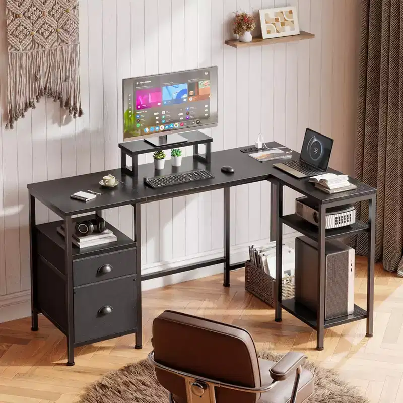 50 Inch Black L Shaped Computer Desk with Charging Station Reversible Corner Gaming Desk File Cabinet Monitor Stand Storage Home Office Workstation