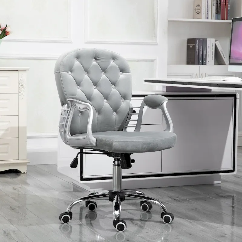 Vanity Middle Back Office Chair Tufted Backrest Swivel Rolling Wheels Task Chair with Height Adjustable Armrests