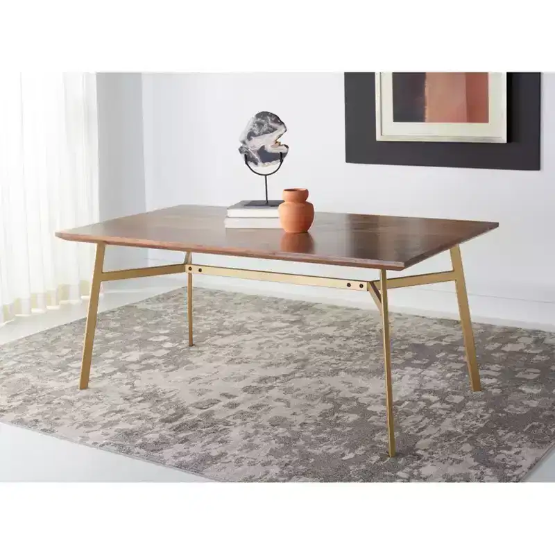 Rectangle Dining Table Walnut/Gold - Acacia Wood Top, Brass Trestle Base, Seats 2