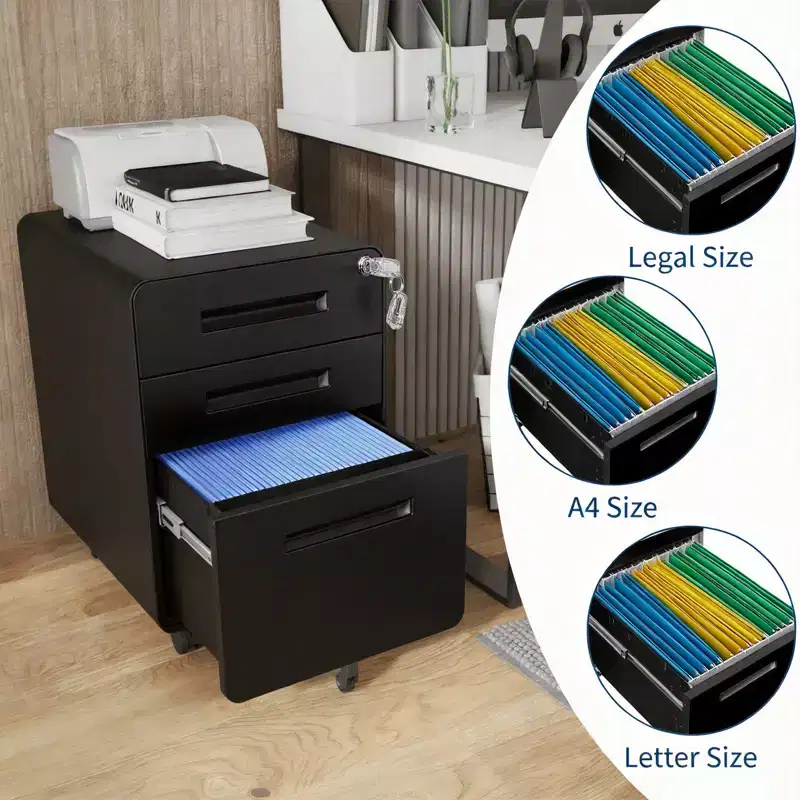Secure 3-Drawer Metal File Cabinet, Lockable, Fully Assembled, Mobile Under Desk Storage on 5 Wheels, Anti-Tilt, Fits A4/Letter/Legal Files, Black