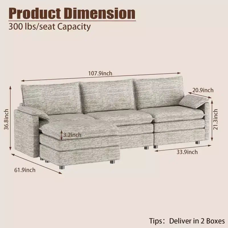 108 XL Modular Sectional Couch  4-Seater L-Shaped Cloud Sofa with Ottoman for Living Room/Apartment