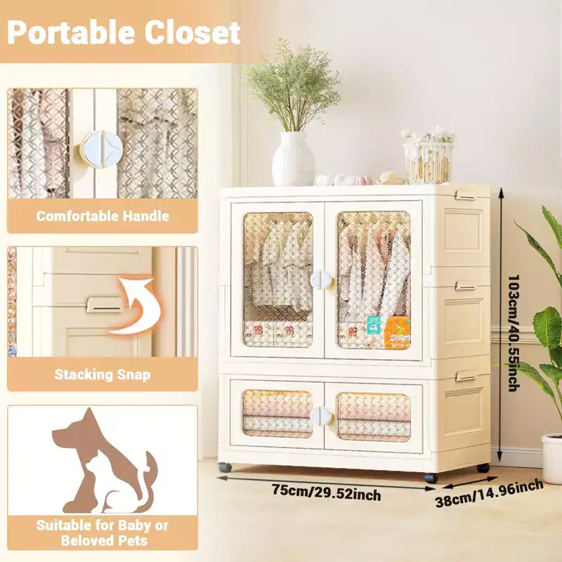 2-Tier Storage Wardrobe with Transparent Doors & Rolling Bins – Collapsible Home Organizer