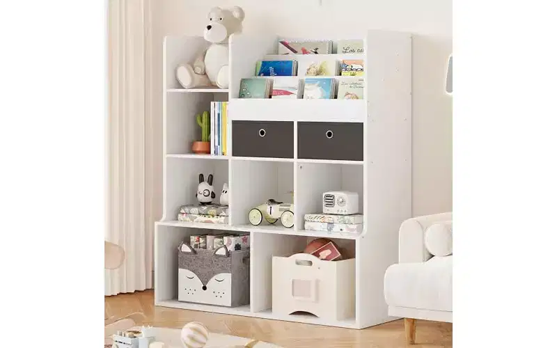 GustoWave 4-Tier Kids Bookshelf Wood Toy Storage Organizer Kids Book Shelf with 10 Cubbies and 2 Drawer Kids Bookcase Kids Storage Cabinet