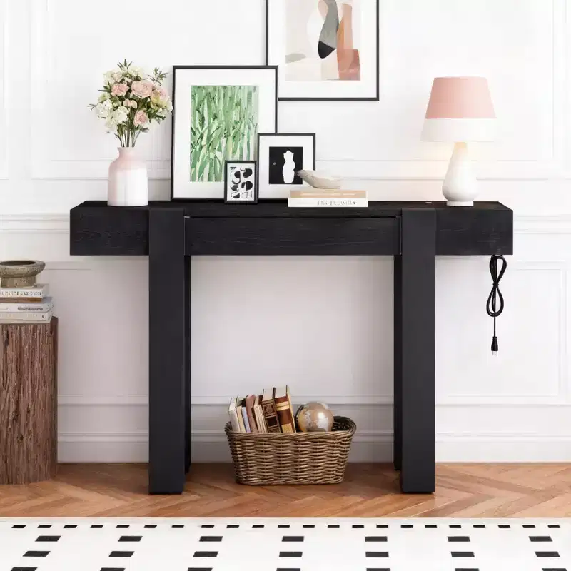 Rustic Wood Console Table with Hidden Drawer and Side Power Outlet for Entryways, Living Rooms and Home Offices
