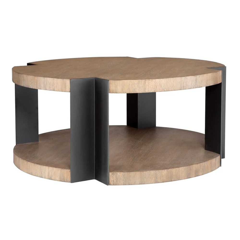 Matte Black Metal Circular Wood Shelf Industrial Coffee Table