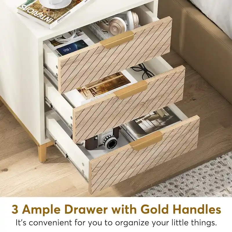 3-Drawer Nightstand with Gold Handles, Light Wood Grain, Particle Board and Metal Frame, 19.69W x 15.75D x 24.6H in