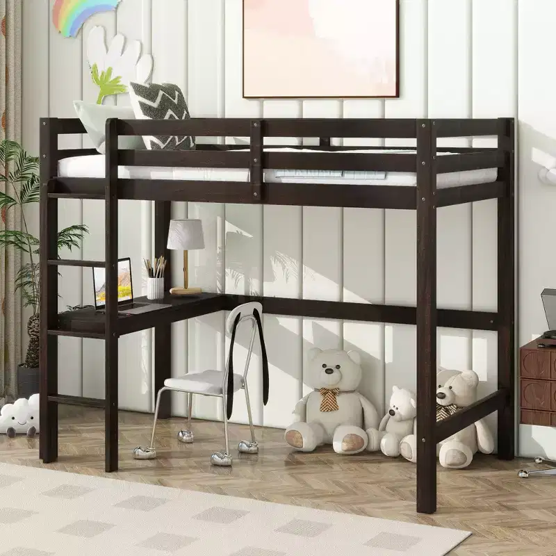 Twin Loft Bed with Built-in Desk, Safety Guardrails & Ladder – Brown