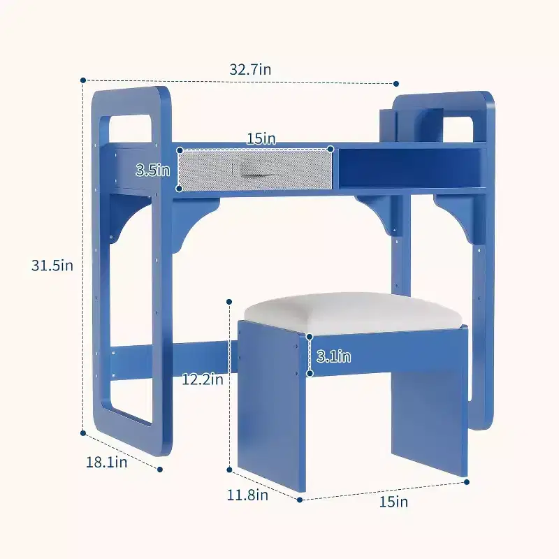 Kids Desk and Chair Set - Wooden Student Study Table with Fabric Drawer, Pen Holders & Padded Stool for Bedroom, Playroom & Living Room