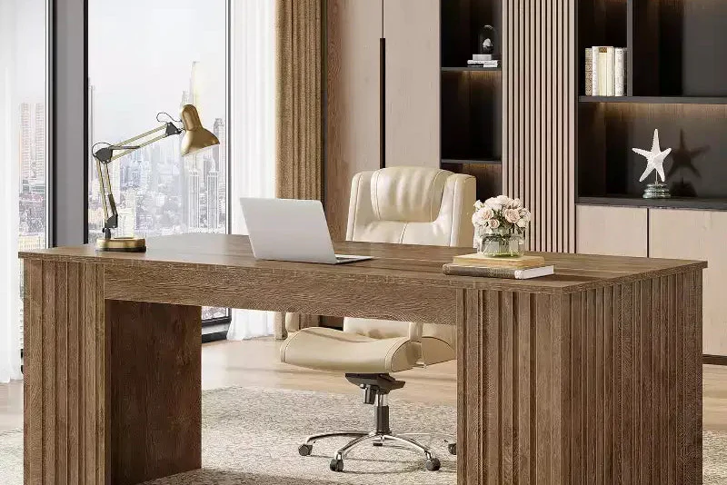 Modern Large Office Computer Desk, Study Writing Table Workstation for Home Office, Brown