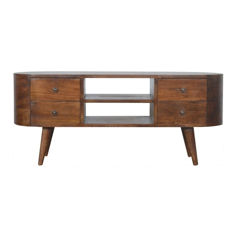 Solid Mango Wood Entertainment Unit with Rounded Edges and 4 Drawers