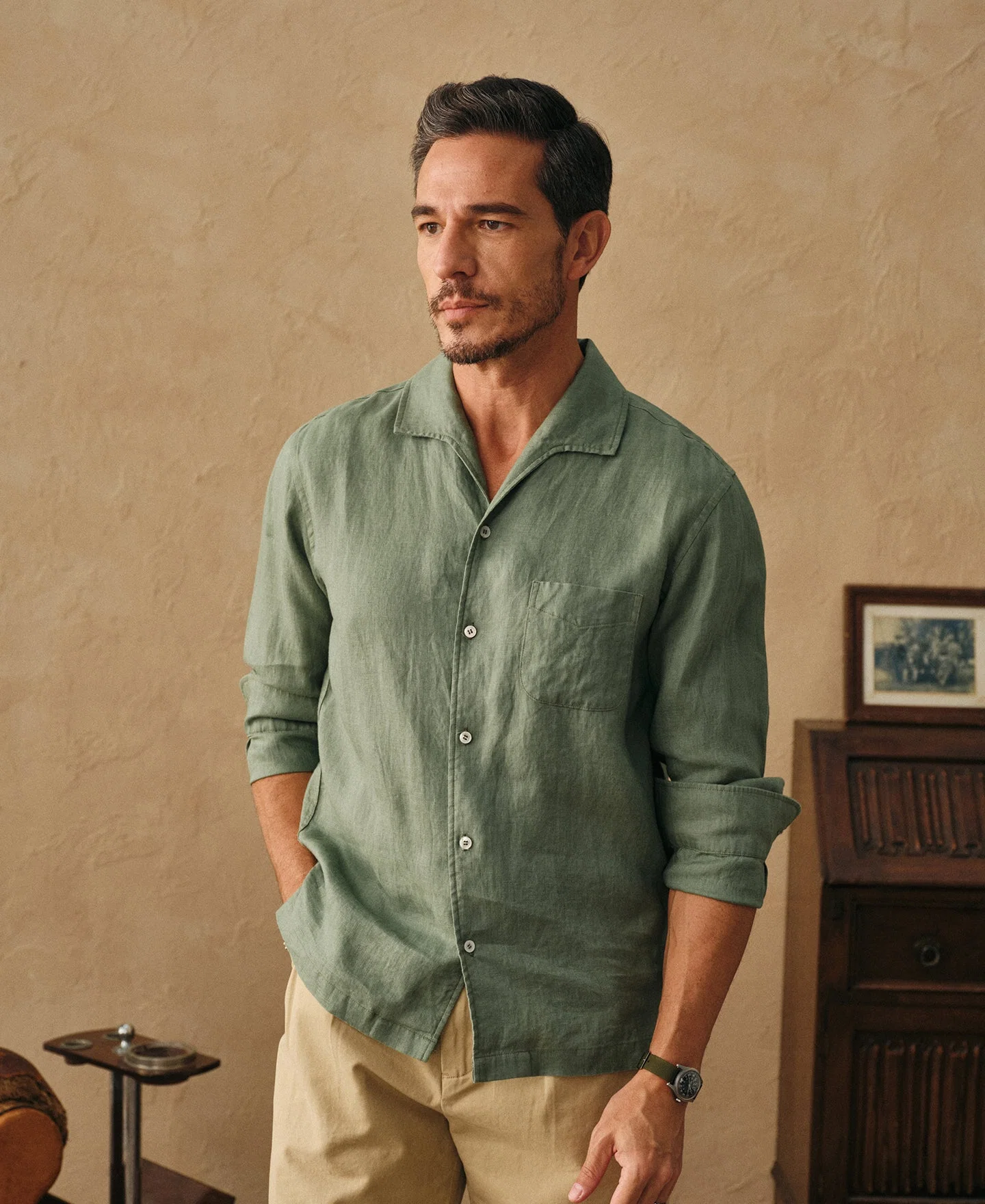 1950s Italian Collar Long Sleeve Linen Shirt - Sage