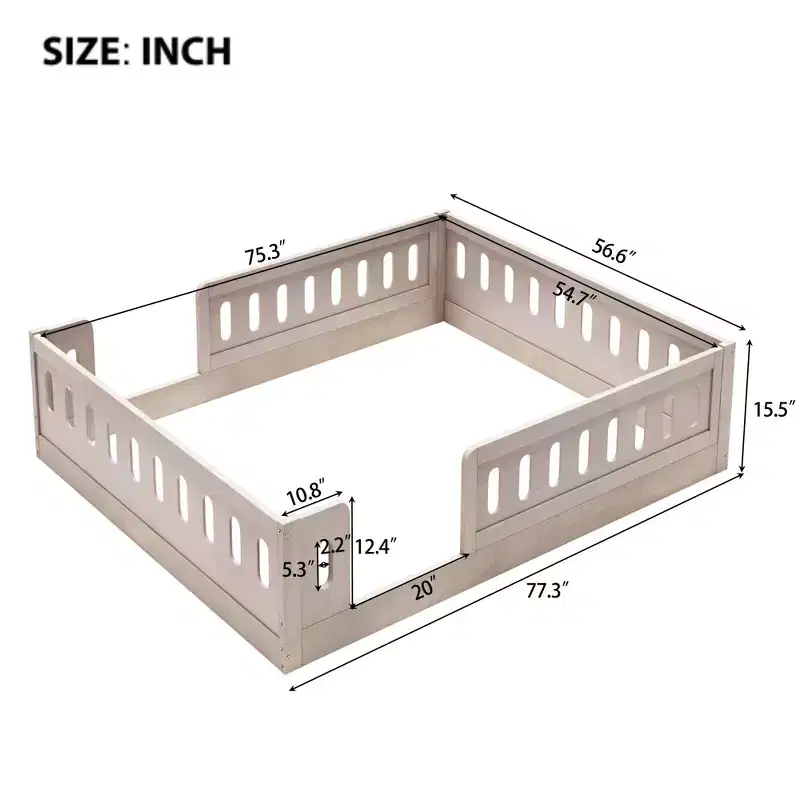 Full Size Floor Platform Bed with Fence, Wooden Montessori Bed with Safety Guardrails for Boys Girls