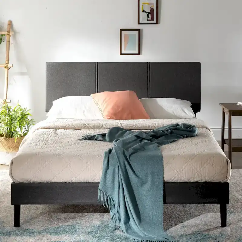 Grey Upholstered Platform Bed Frame with Foam Headboard – 700 lbs
