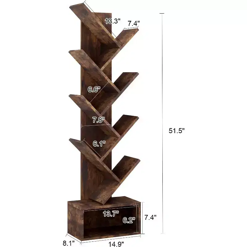 8-Tier Wooden Tree Bookshelf with Storage, Floor Standing Bookcase for Kids and Adults, Utility Organizer for Living Room, Bedroom, Office, Brown