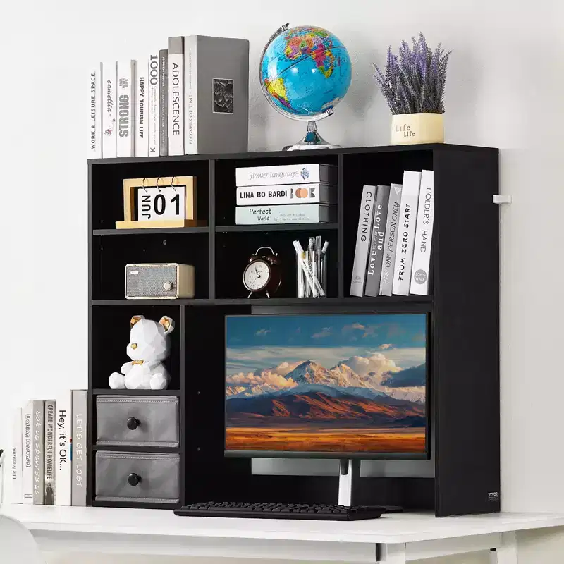 Desktop Bookshelf, 3-Tier Desktop Storage Organizer, 37 x 10 x 31.1 Office Storage Rack Wood Display Shelf, Desktop Bookshelf Hutch, Black