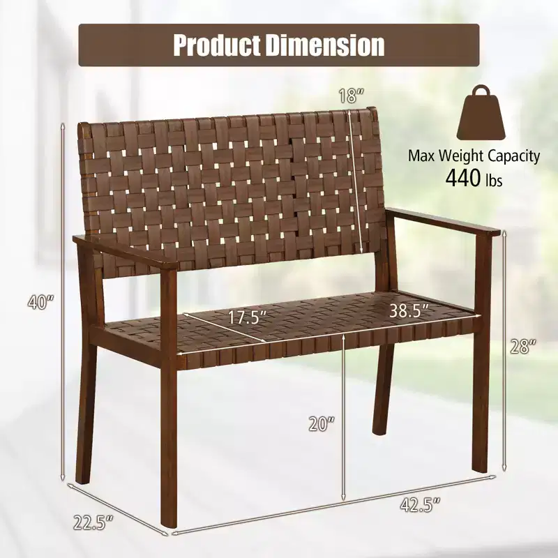 Costway Patio Loveseat All Weather Bench w/Solid Rubber Wood Frame&Hand Woven PU Leather