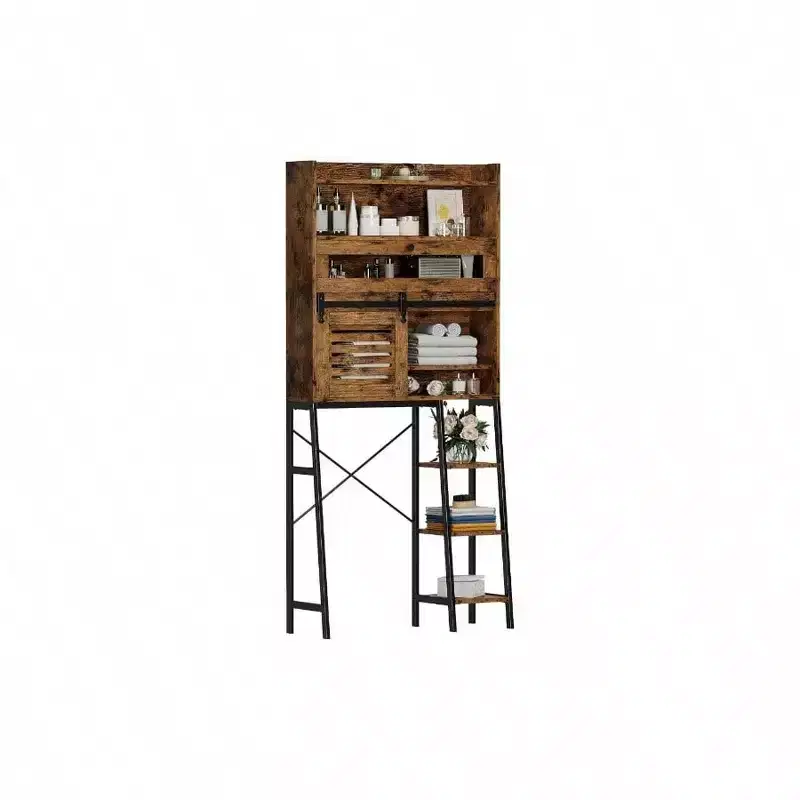 Over Toilet Storage with Cabinet Sliding Barn Door Side Open Rack Bathroom Organizer Vintage Brown Mass