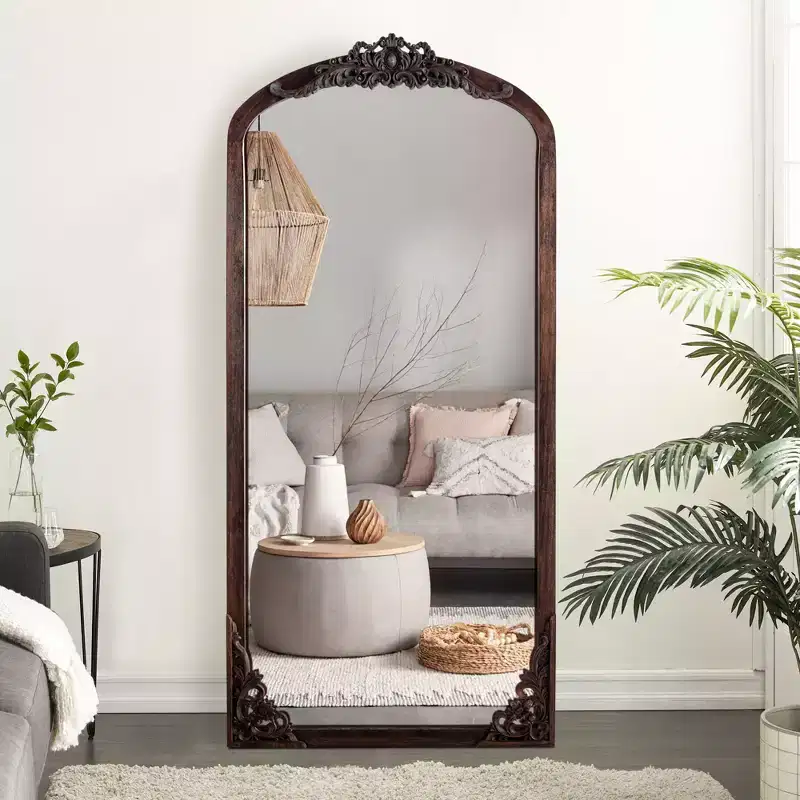 PexFix 21 in. W x 64 in. H Rustic Arched Solid Wood Framed DIY Carved Full Length Mirror in Charcoal