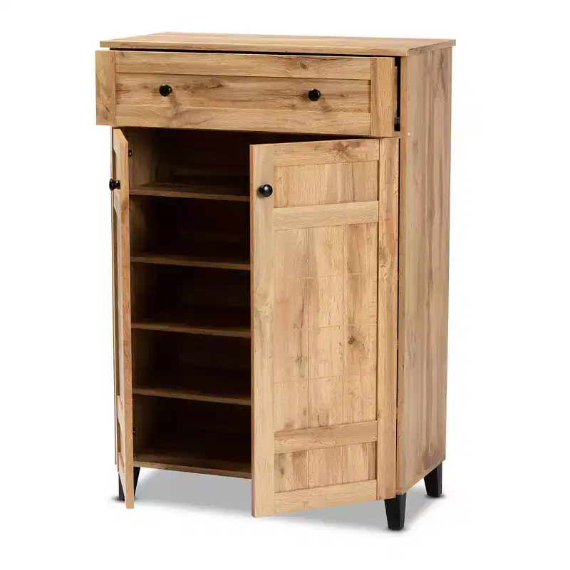 Wood 1 Drawer Shoe Storage Cabinet, Oak Brown, Entryway Organizer with 5 Shelves