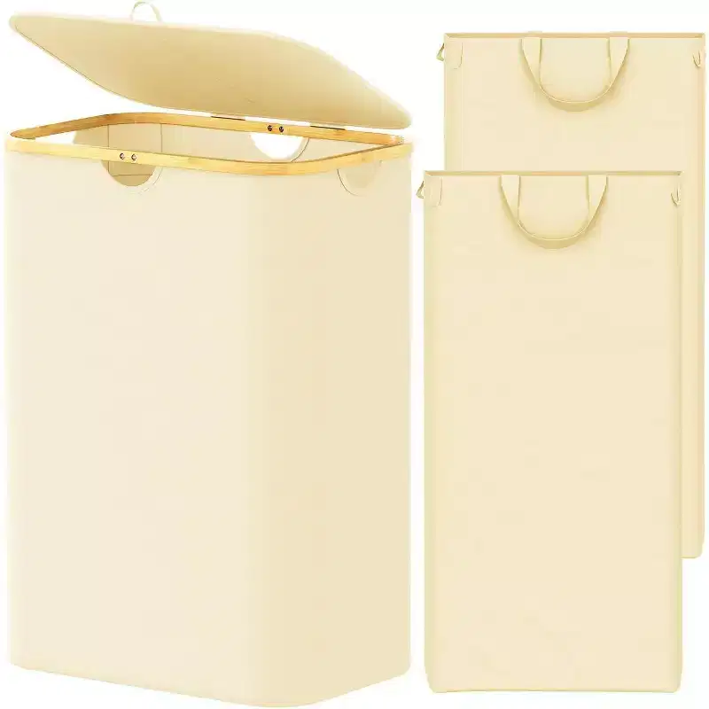 Laundry Hamper 2-Compartment with 2 Removable Bags, 160L Collapsible Basket with Lid and Bamboo Handles