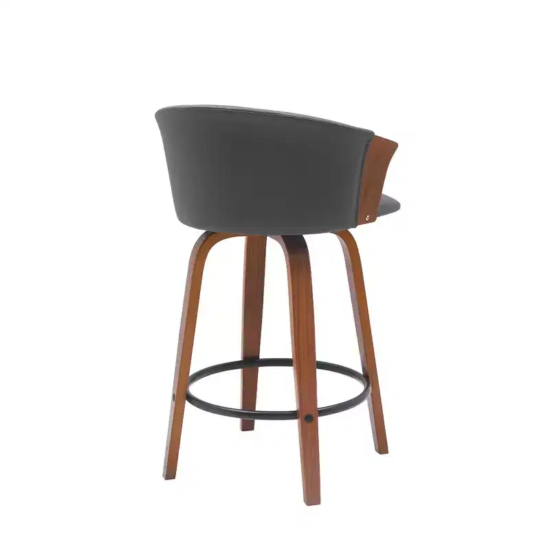 HomeRoots 26 Gray and Wood Brown Faux Leather with Solid Wood Swivel Counter Height Bar Chair