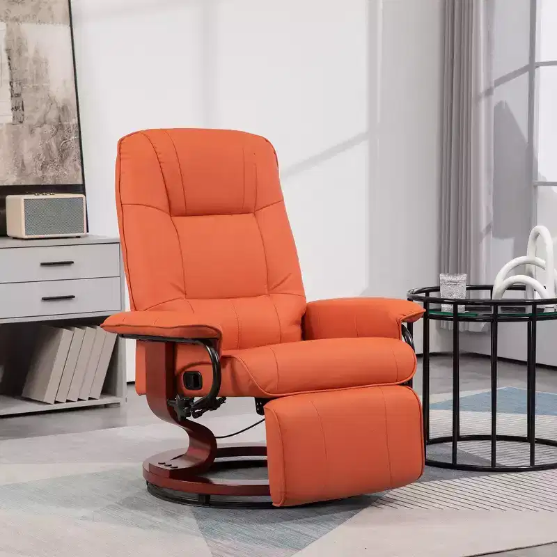 HOMCOM Faux Leather Manual Recliner, Adjustable Swivel Lounge Chair with Footrest, Armrest and Wrapped Wood Base for Living Room, Orange