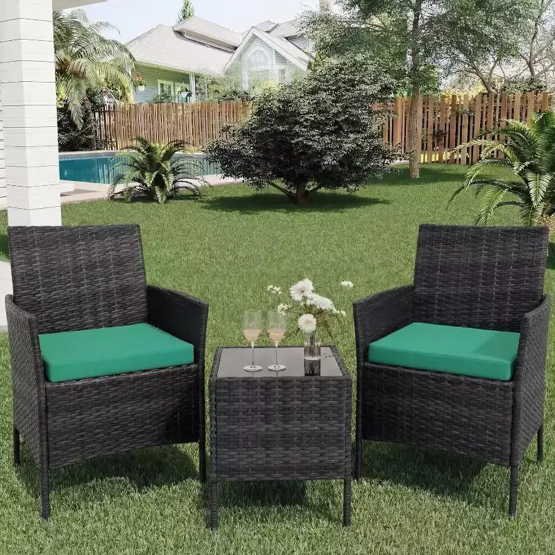 COZONY 3-Piece Patio Furniture Set with 2 Rattan Chairs and 1 Glass Coffee Table, Outdoor Conversation Set for Balcony, Garden, Poolside Seating