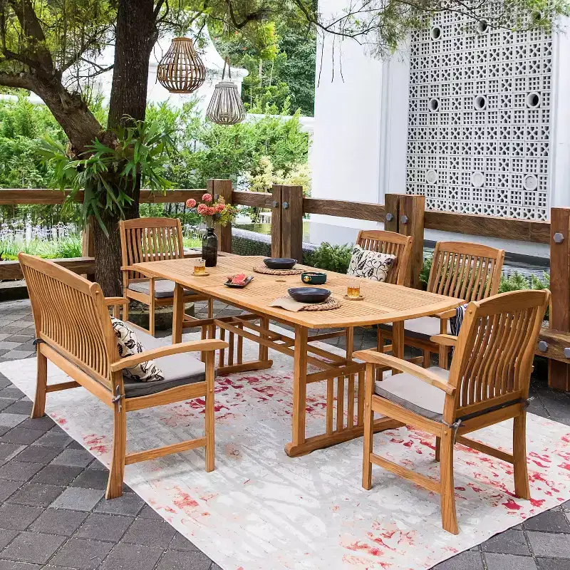 Sonoma Lane Amherst 6pc Teak Outdoor Dining Set with Beige Cushions – Weather-Resistant, 2. Umbrella Hole