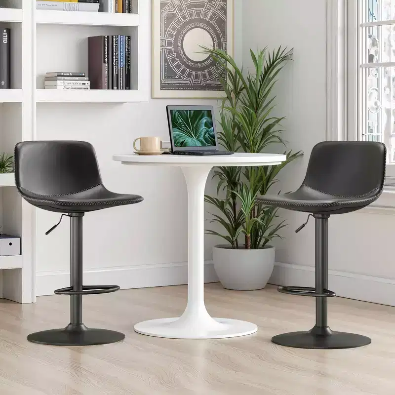 Set of 2 Adjustable Swivel Bar Stools, Mid-Century PU Leather Industrial Counter Height Chairs for Kitchen Island