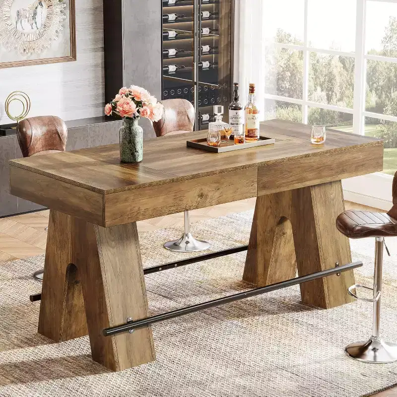Lantine 63-Inch Bar Height Pub Table with Metal Footrest, High Top Dining Counter Table for Home Bar, Kitchen, Rustic Brown