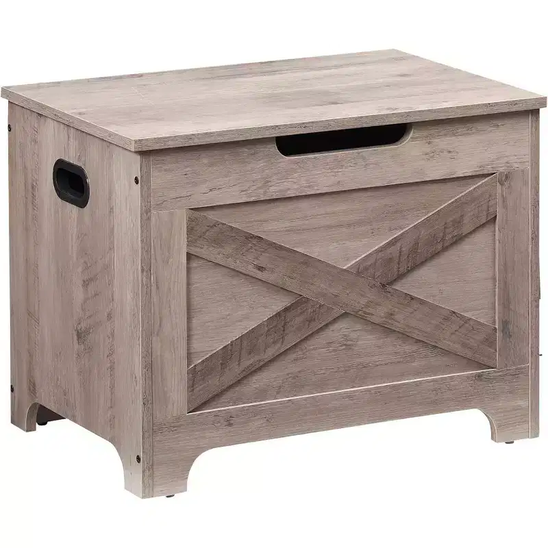 Brown Wooden Storage Bench with Safety Hinge, Single-Seat Organizer with Side Handles