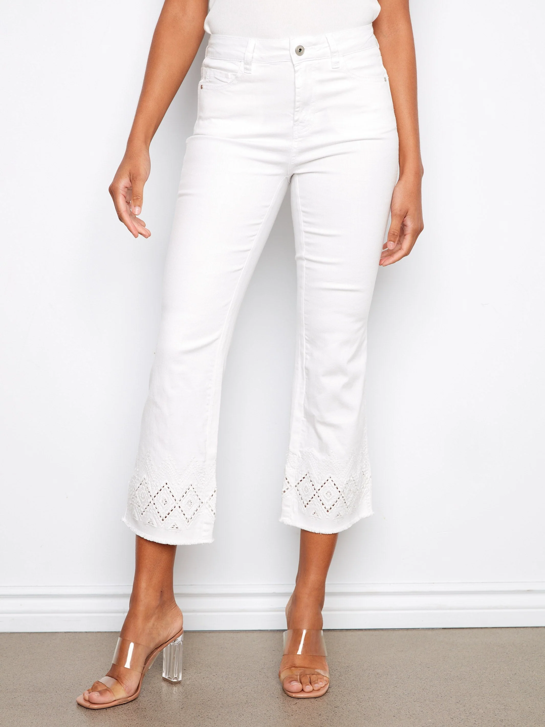 Flare Twill Pants With Zigzag Embroidery - White