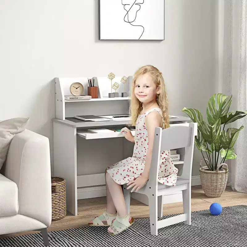Whisen Kids Desk and Chair Set with Storage, Study Desk with Chair for Children 5-8 Years Old, Gift for Kids - Gray