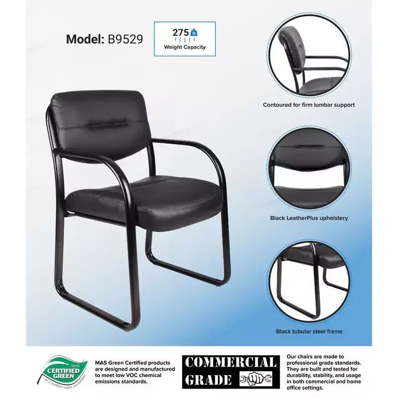 Black Bonded Leather Guest Chair, Sled Base, Fixed Height, Seats 1