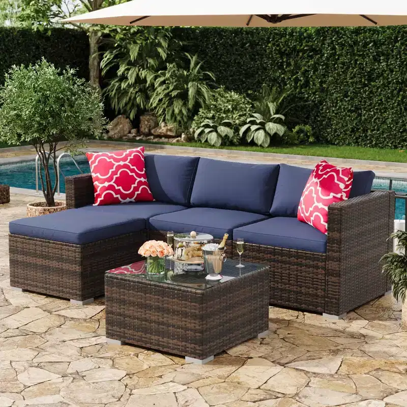5-Piece All-Weather PE Rattan Wicker Patio Sectional Set - Thick Cushions, Ottoman, Glass Coffee Table, Modular Outdoor Conversation Sofa for Garden