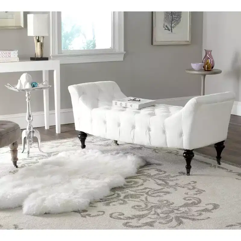 Upholstered Tufted Bench with Casters, White, Seats 2