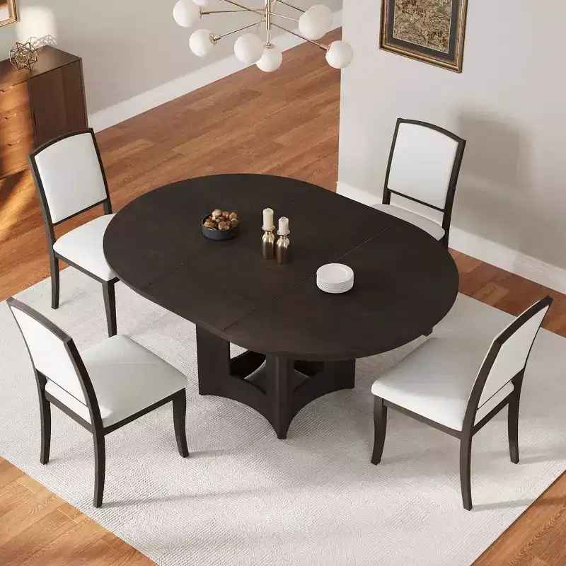 MAYEERTY 5-Piece Farmhouse Extendable Round Dining Table Set, 16 Removable Leaf, 4 Upholstered Chairs for 4 Person, Espresso + Beige