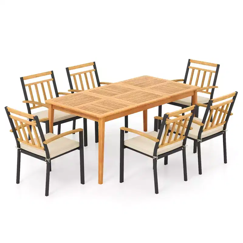 Costway 7 PCS Patio Acacia Wood Dining Set with Soft Seat Cushions Umbrella Hole Outdoor