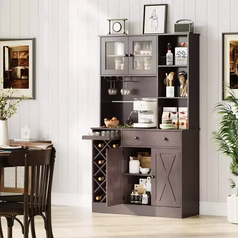 Kitchen Hutch Cabinet with Storage, White & Light Walnut Top, Acrylic Double Doors, Pantry Organizer for Dining Room & Kitchen Storage